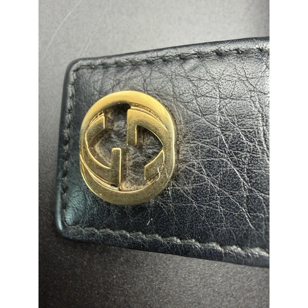 Gucci Vintage Women's Black Leather Bifold Wallet Gold GG Made in Italy